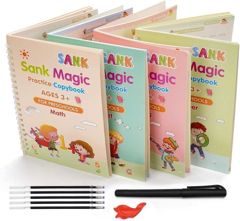 Reusable Magic Practice Copybook Set for Kids – 4 Books + 5 Pens + Eraser | ABC, Numbers, Math & Handwriting Practice | Preschool Learning Kit