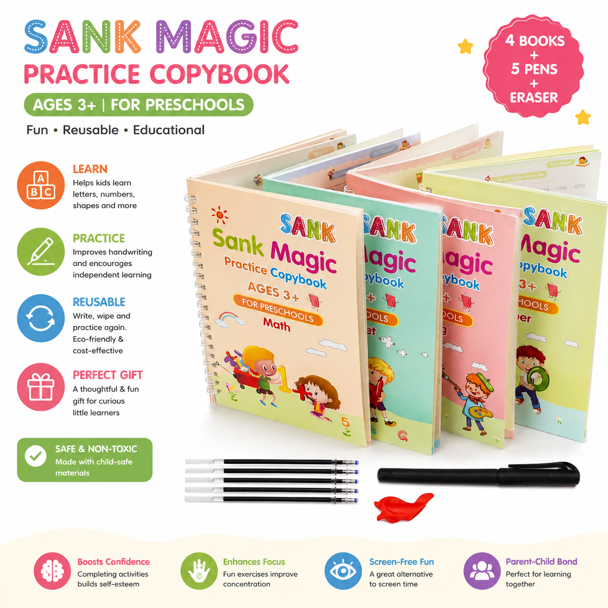 Reusable Magic Practice Copybook Set for Kids – 4 Books + 5 Pens + Eraser | ABC, Numbers, Math & Handwriting Practice | Preschool Learning Kit